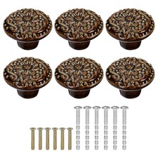 6Pcs 34mm Flower Pattern Ceramic Knobs with Screws Brown