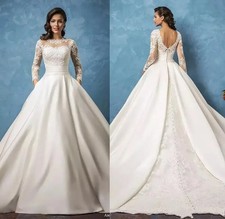 Lace Wedding Dresses With Pockets Jewel Neck A Line Backless Satin Bridal Gowns