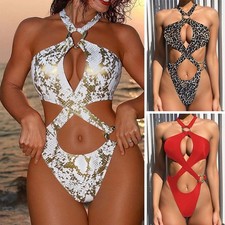 Womens Cross Halter One Piece Swimsuit Ring Linked Bathing Suit Cut Out Monokini