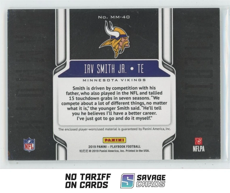 2019 Panini Playbook Mammoth Material Premium Irv Smith Jr. /25 #MM-40 Minnesota - Image 2 of 3