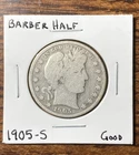 1905-S Barber Silver Half Dollar ,90% Silver, San Francisco Mint, Good condition