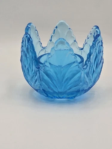 Vintage Fenton Glass Aqua/ Cobalt Blue Lotus Tulip Leaf Votive Candle Holder