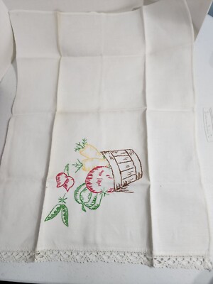 Vintage Embroidered Handmade Dish Towel Basket Of Vegetables Lace Trim