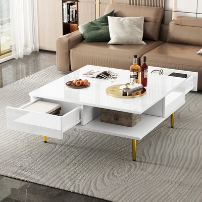 Couchtisch Beistelltisch Sofatisch mit Schubladen Wohnzimmertisch Hochglanz Weiß