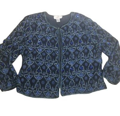 Vintage Sequin Beaded Silk Jacket 2XL Black Floral Blue
