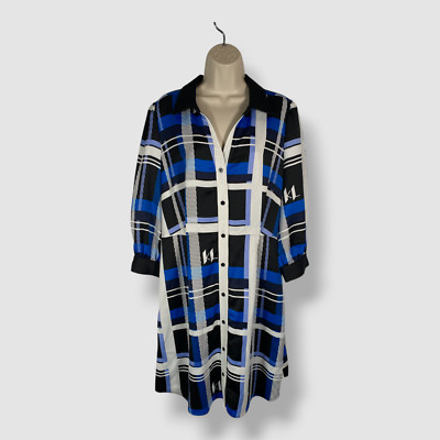 Karl Lagerfeld Paris Blue Plaid Satin Crepe Shirt Dress Size 10