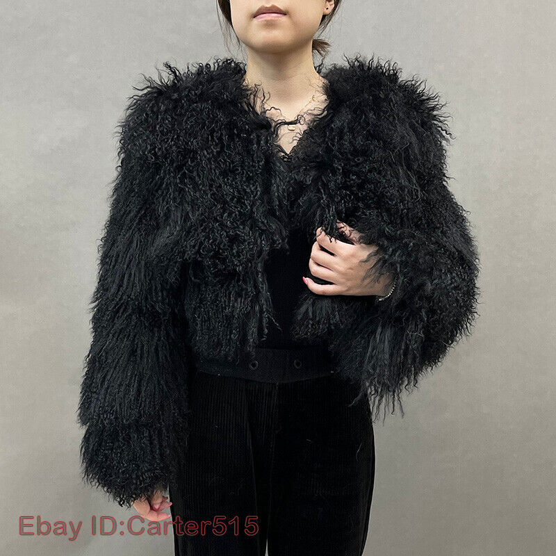 Women 100percent Real Cropped Mongolian Fur Coat Solid Warm Luxury Winter Fur Jacket image 4