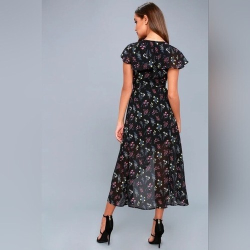 Lulus Act of Love Black Floral Print Midi Wrap Dress Size Medium Floral Flowy M - Picture 2 of 13