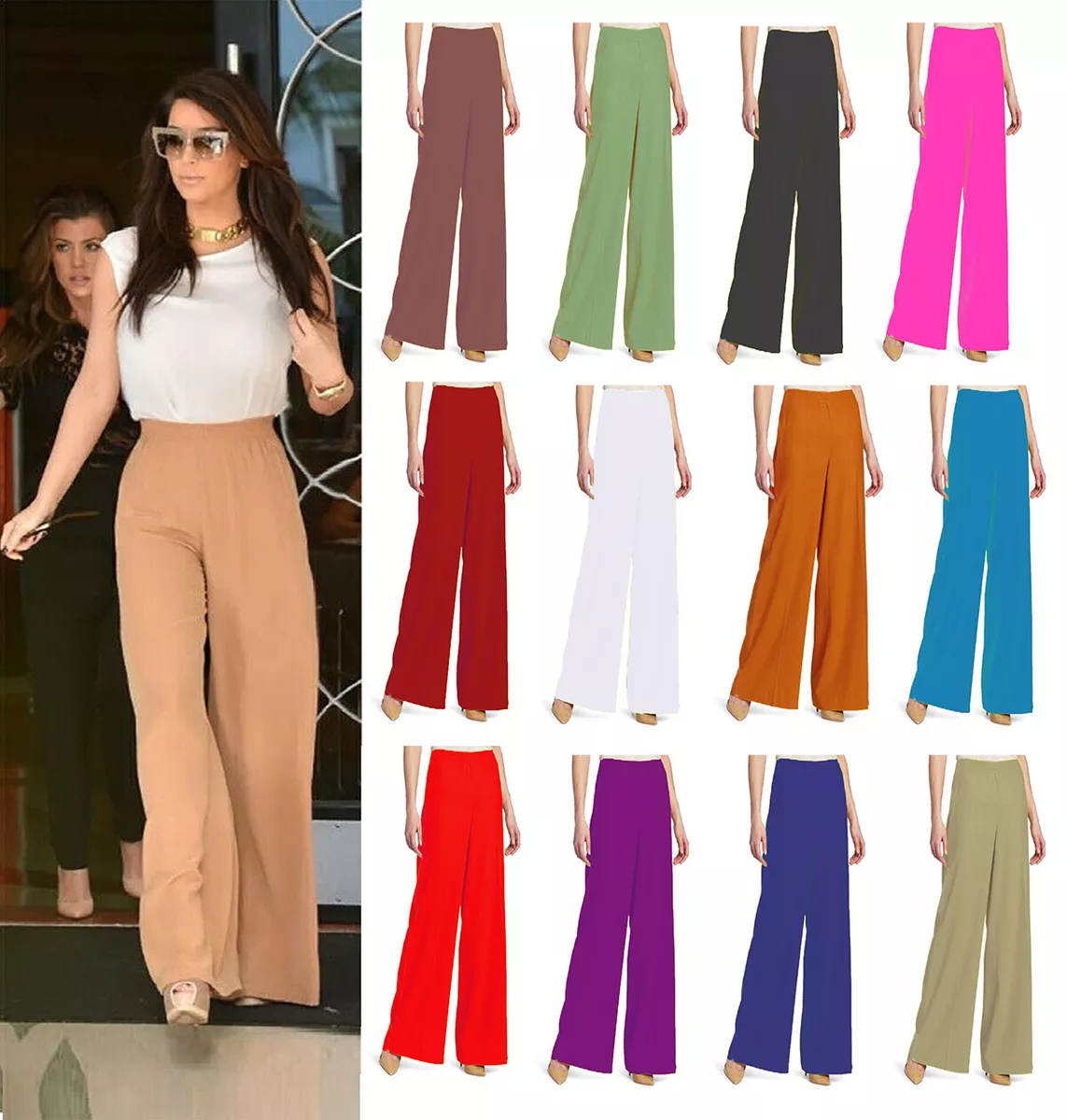 Women Palazzo Trousers Ladies Flared Wide Leg Trousers Pants