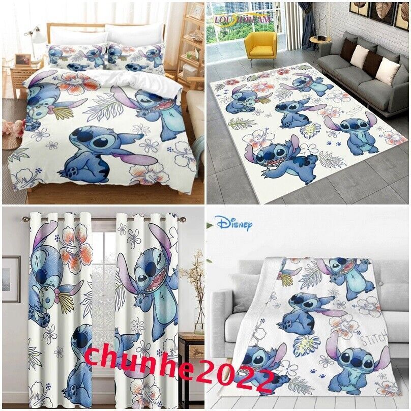 3D Lilo Stitch Cartoon Bedding Set Duvet Cover Carpet Mat Blanket Curtains  Gifts