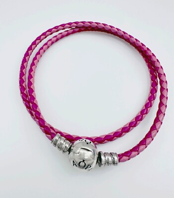 Auth PANDORA 925 Sterling Silver Braided Leather 2-Tone PINK