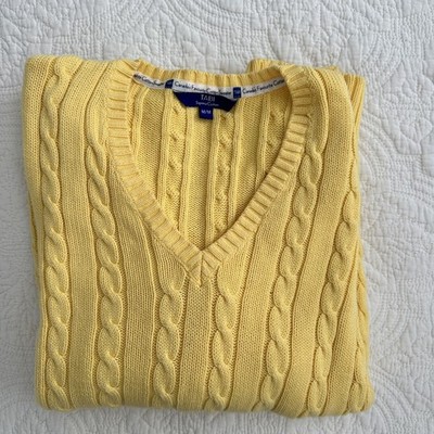 TABI Supima 100% Cotton Yellow Cable knit V-neck Sweater Women s Size Medium M 