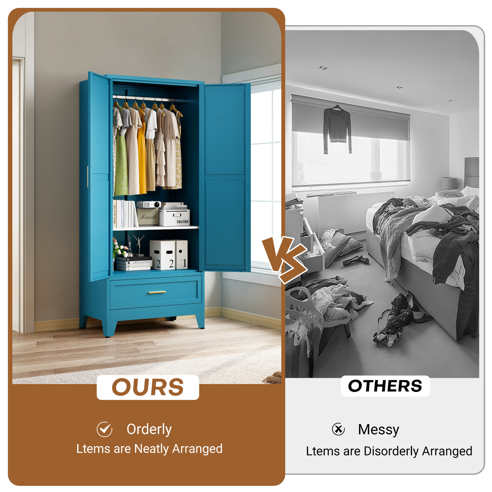 Metal armoire Wardrobe Closet with Hanging Rod,71'' Metal Wardrobe Cabinet