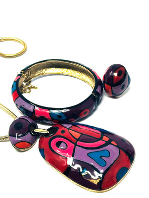 EISENBERG MOSAIC ENAMEL MULTICOLOR  SET - HUGE PENDANT  BRACELET AND RING