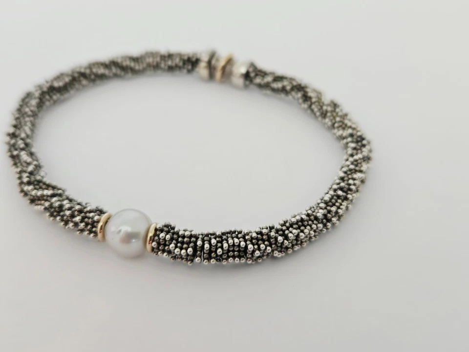 Michael Dawkins Sterling Silver & Pearl 14k Gold Detail Caviar Bead Bracelet 7.5 - Image 3 of 4