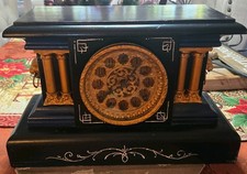 Antique Victorian Mantle Clock Black Gold Dark Blue Lion Head