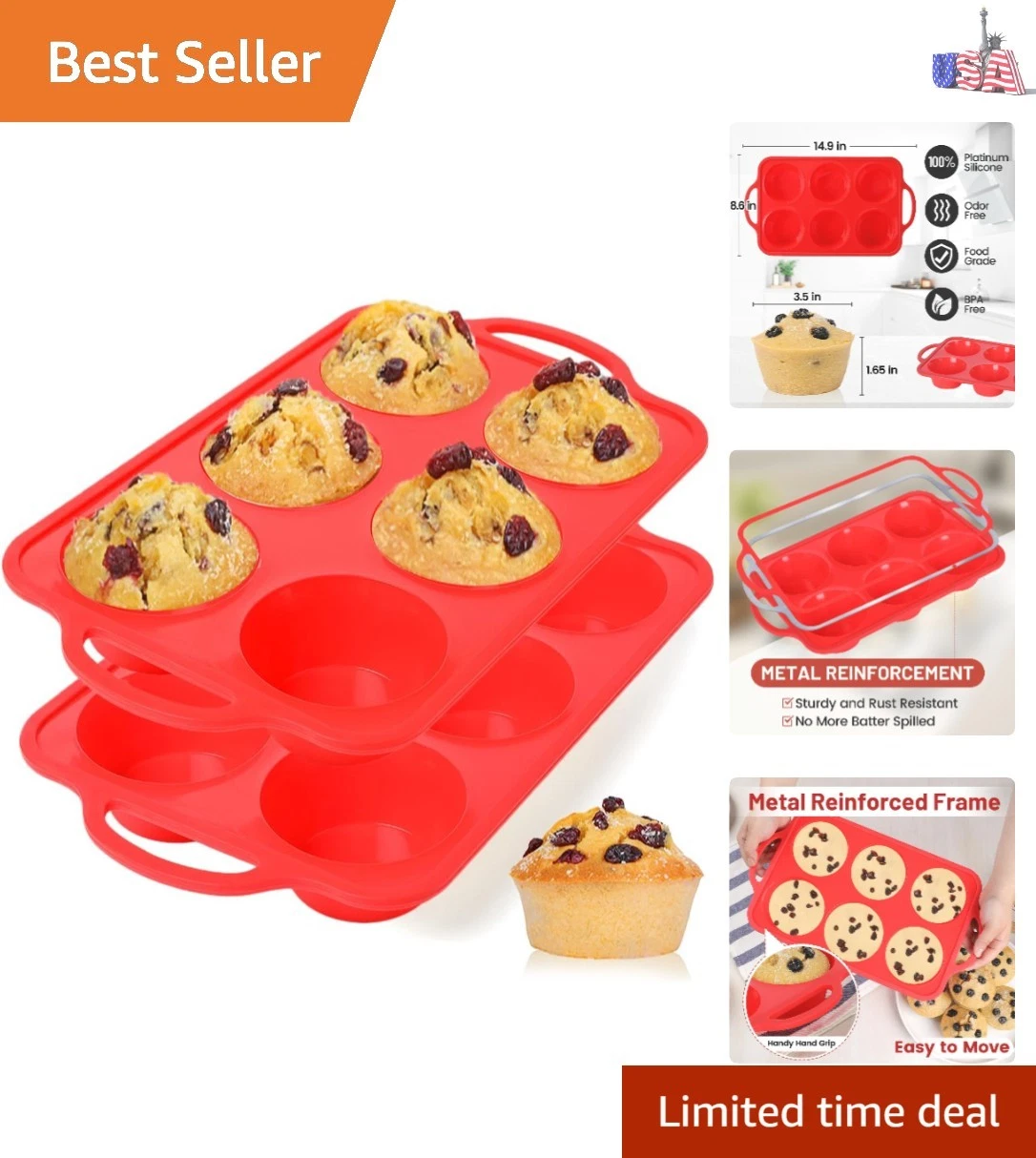 Jumbo Muffin Pan, 3.5 Inch Large Muffin Pan with Metal Reinforced Frame 6 Cup...