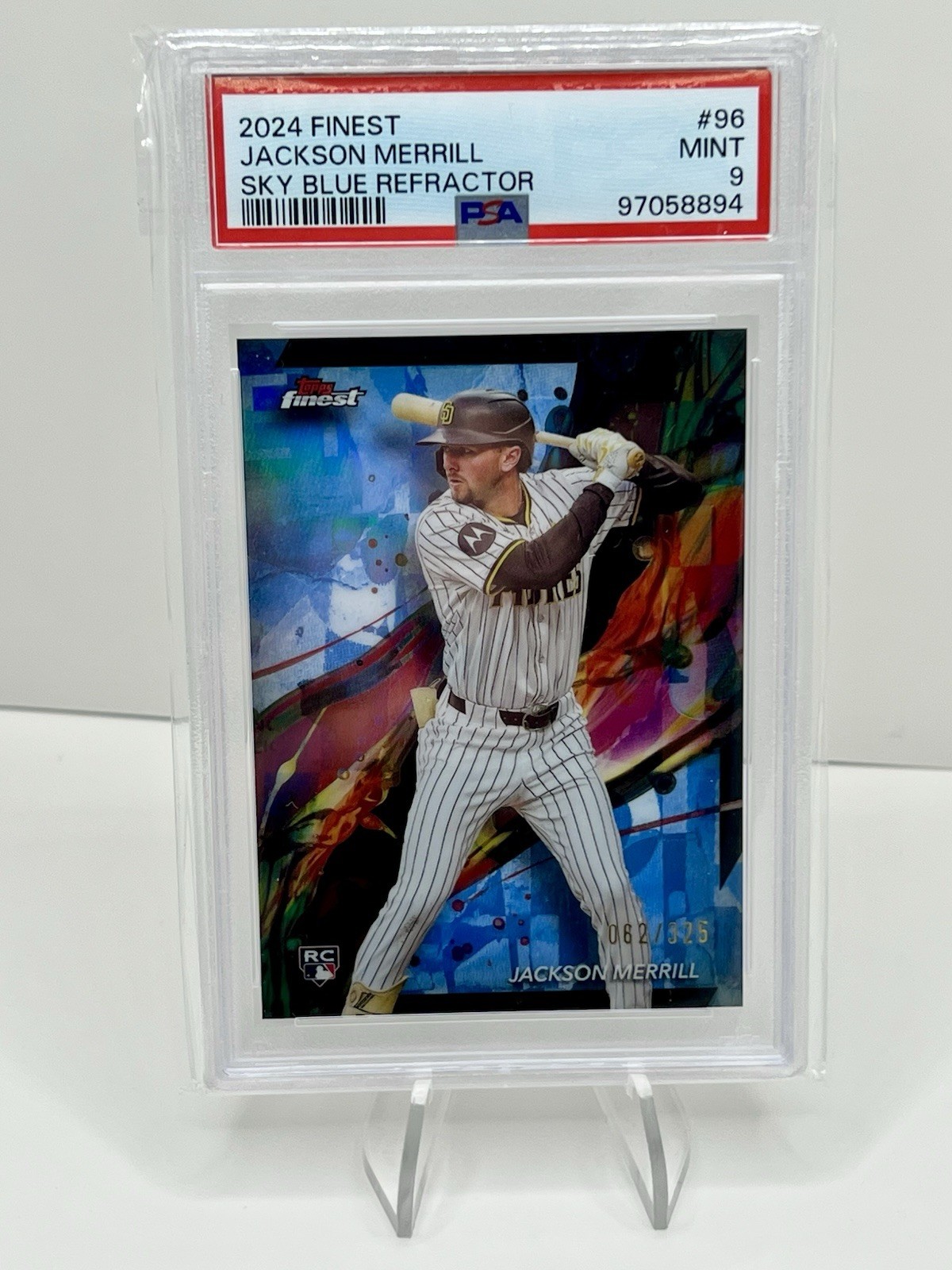 2024 Topps Finest JACKSON MERRILL Sky Blue Refractor RC #96 /325 Padres PSA 9