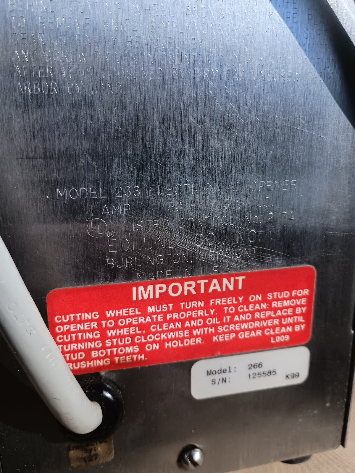 Edlund Commercial Electric Can Opener Model 266 Single Speed