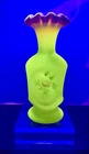 UV REACTIVE FENTON BURMESE Pink/Yellow Floral Painted Square Vase SIGNED 7"H