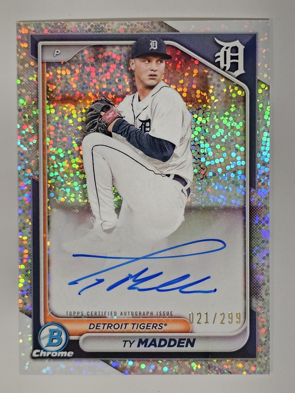2024 Bowman Chrome #CPA-TM Ty Madden /299 AUTO Prospect Speckle Refractor Tigers