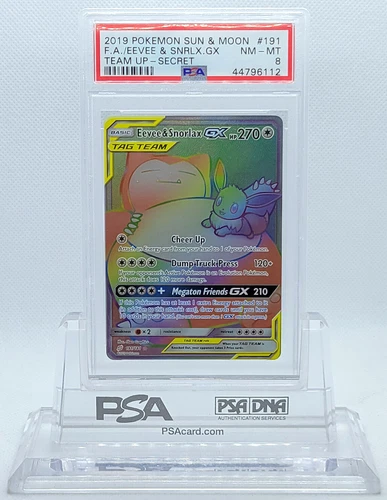 POKEMON TEAM UP EEVEE & SNORLAX GX #191 SECRET RARE HOLO PSA 8 NM-MT #44796112