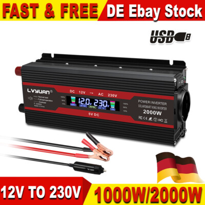 1000W/2000W Spannungswandler 12V auf 220V 230V Wechselrichter 2USB LCD