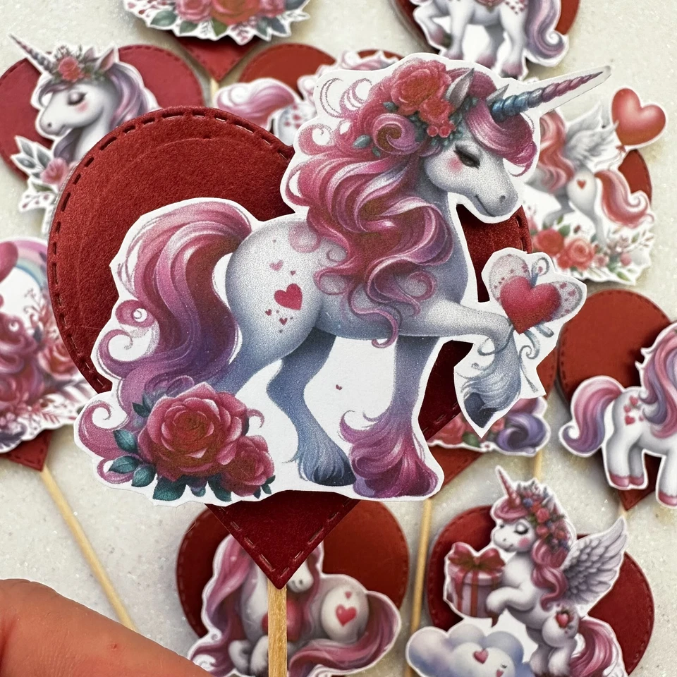 San Valentino unicorno love Decorazioni Cupcake toppers realizzati a mano - Immagine 4 di 4