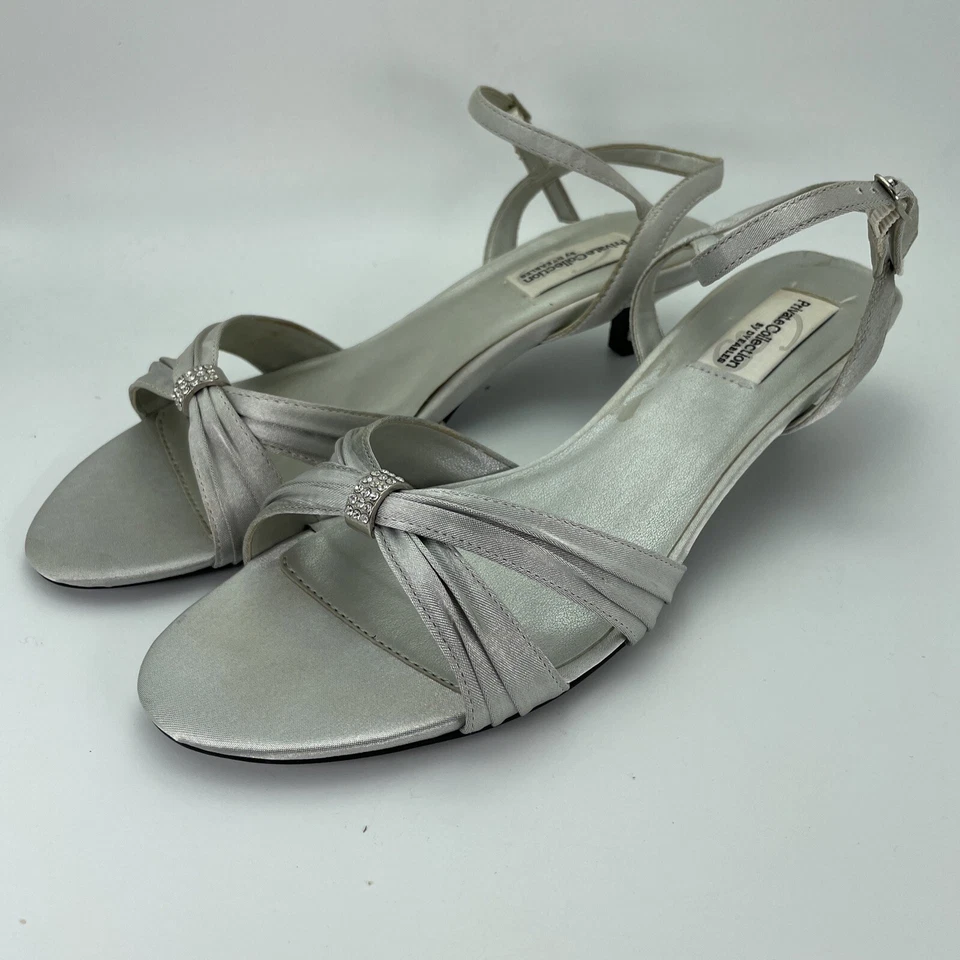 Dyeables Womens Shoes Fiesta Silver Satin 9.5EE Kitten Heel 1 1/4" Rhinestone - Image 3 of 4