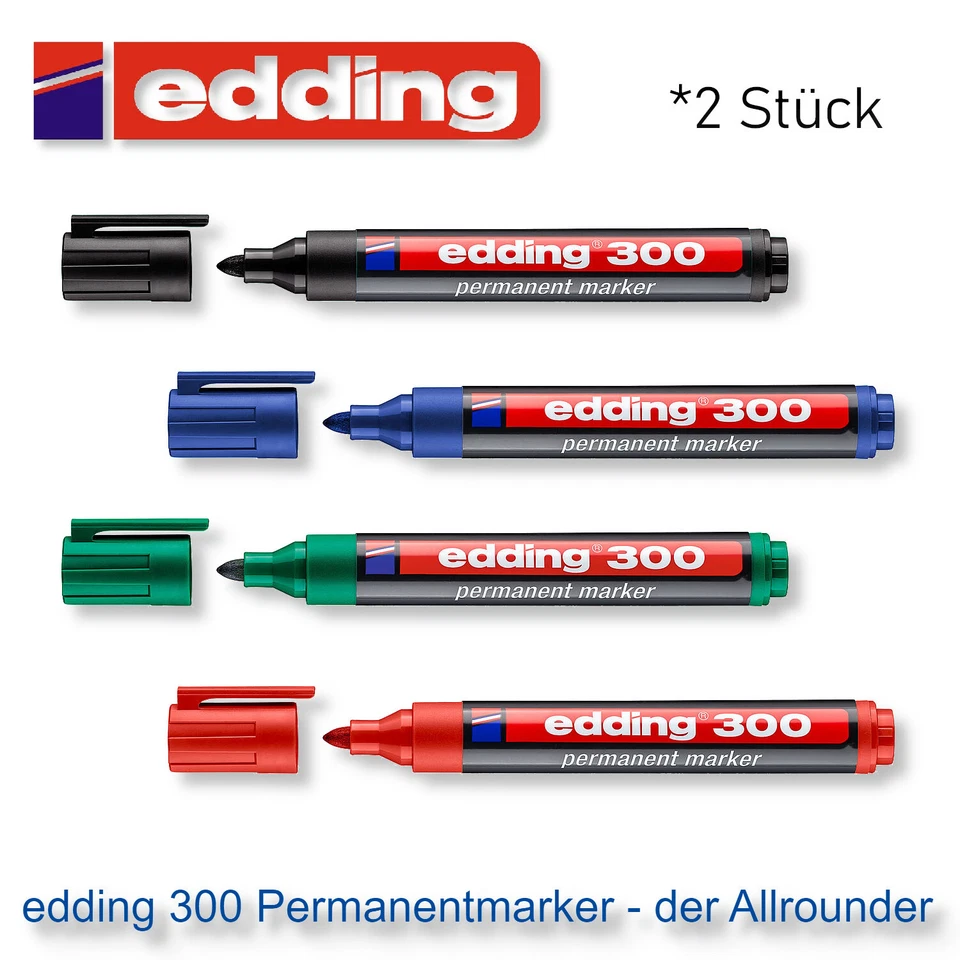 Edding 300 Permanent Marker Stift wasserfest schwarz blau rot grün 2 Stück