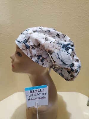 Floral Fusion blue Women's Euro/Chef Surgical Scrub Hat/Cap Handmade