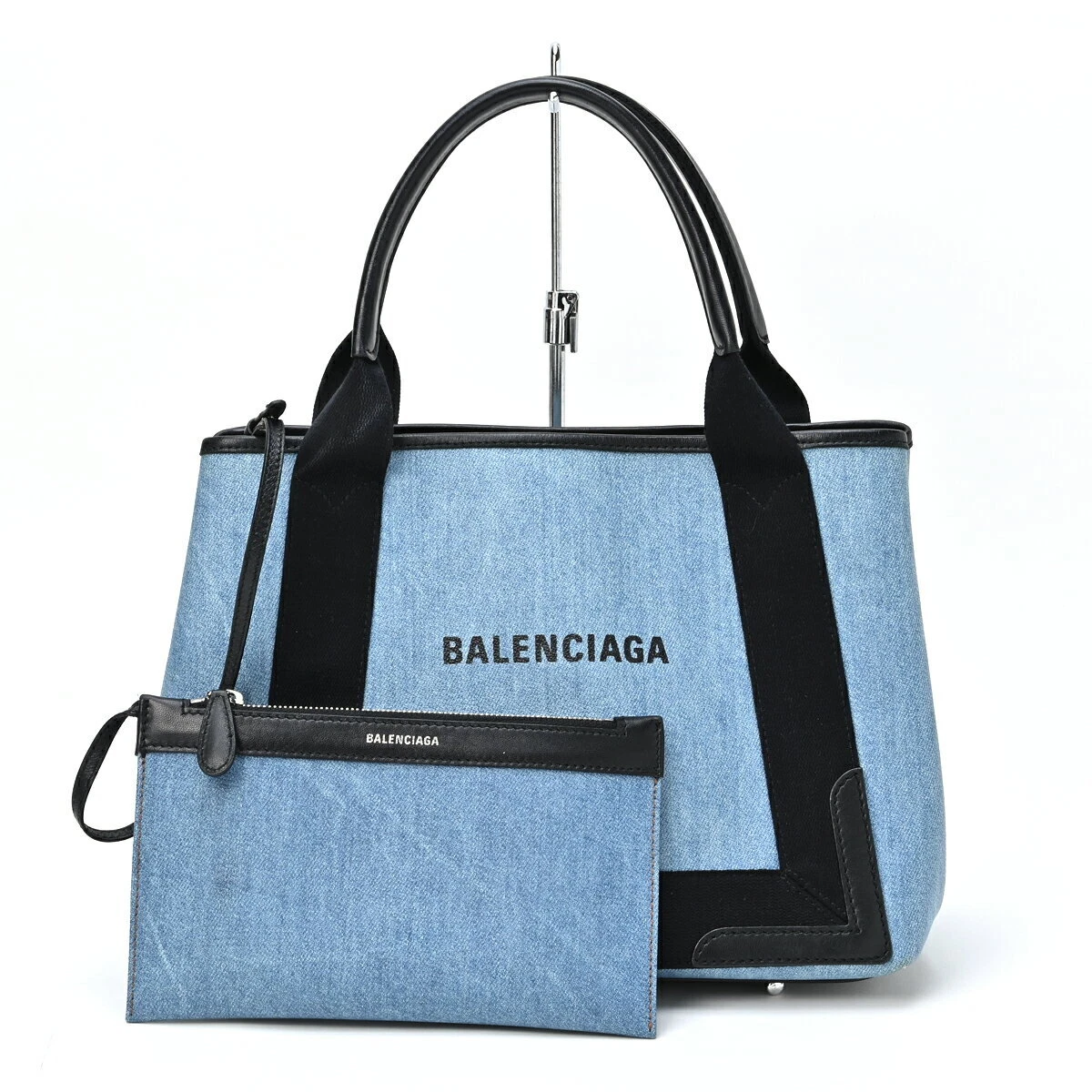 BALENCIAGA Navy Cabas S Tote Hand Bag w/Pouch Canvas Leather Blue