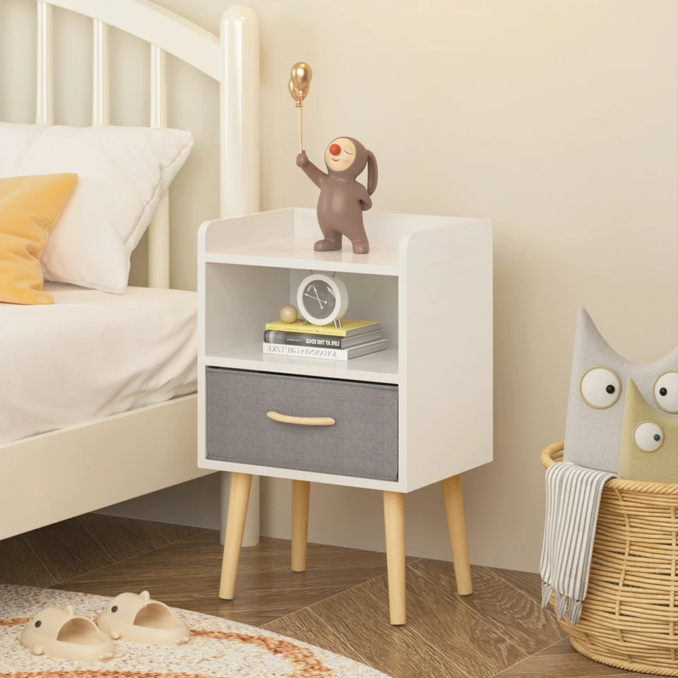 Nightstand With Collapsible Fabric Drawer, 2-Tier Storage Wood Side Table White - Image 2 of 4