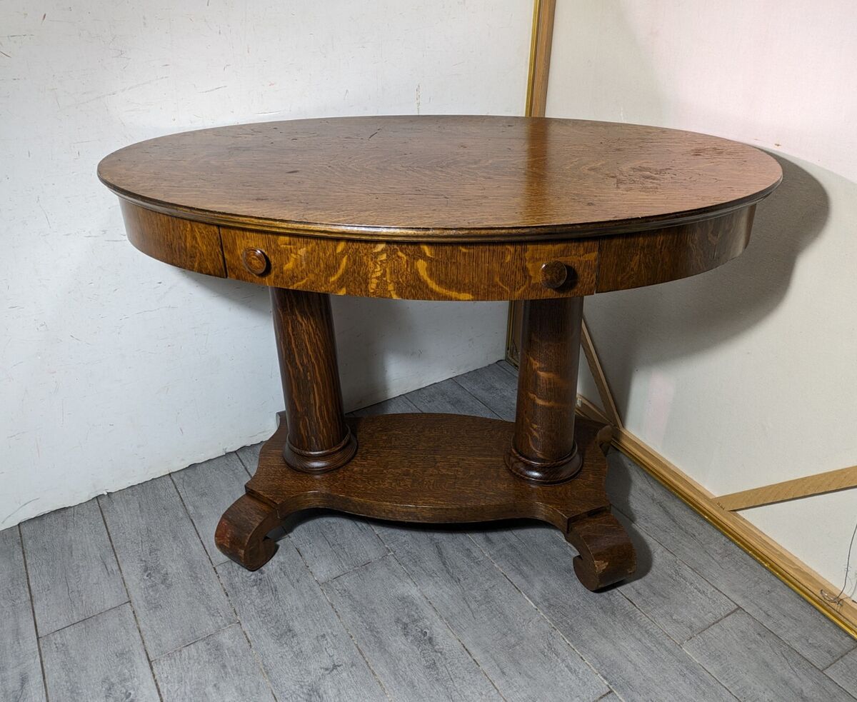 Antique Quartersawn Tiger Oak Wood Oval Library Desk Antique Quartersawn Tiger Oak Wood Oval Library Desk