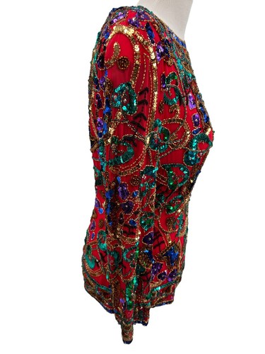 Black Tie Oleg Cassini Beaded Top Sequined Formal Red Blouse Size Small Vtg 80s - Picture 6 of 12