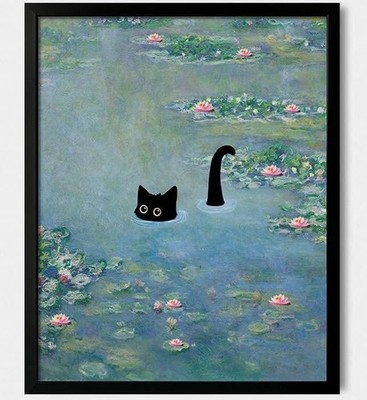 Black Cat Monet Water Lilies Funny Meme Art Wall Decor Poster