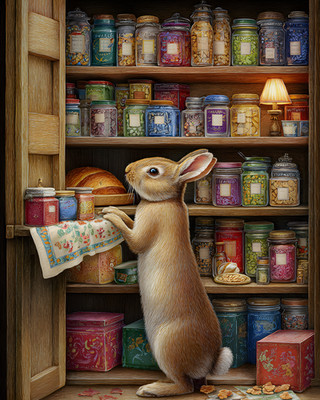 8x10 Cozy Storybook Rabbit Is Standing in Front of Shelf Art Print - 402524329