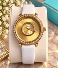 Origami Owl Gold Tone Rhinestone Accent Watch White Leather Strap