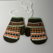 Vintage TODDLER CHILD MITTENS WITH STRING Green  Orange Design