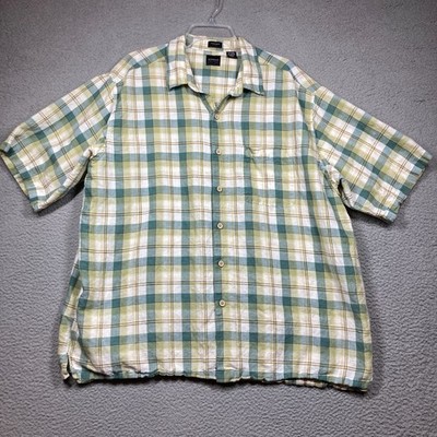 Arrow Linen Shirt Men's XXL Green Yellow Plaid Button Up Short Sleeve Washable