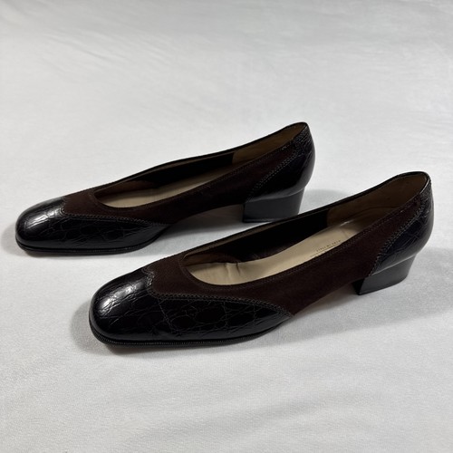 Salvatore Ferragamo Pumps Women 10.5B Brown Croc Embossed Leather Suede Italy - Picture 1 of 11