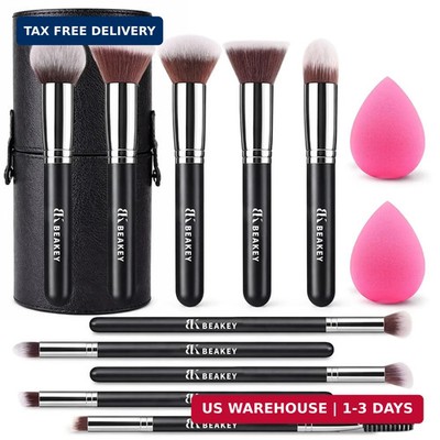 BEAKEY 13PCS Makeup Brush Set with Case & 2 Sponges, 10 Brushes Full Face Kit, B