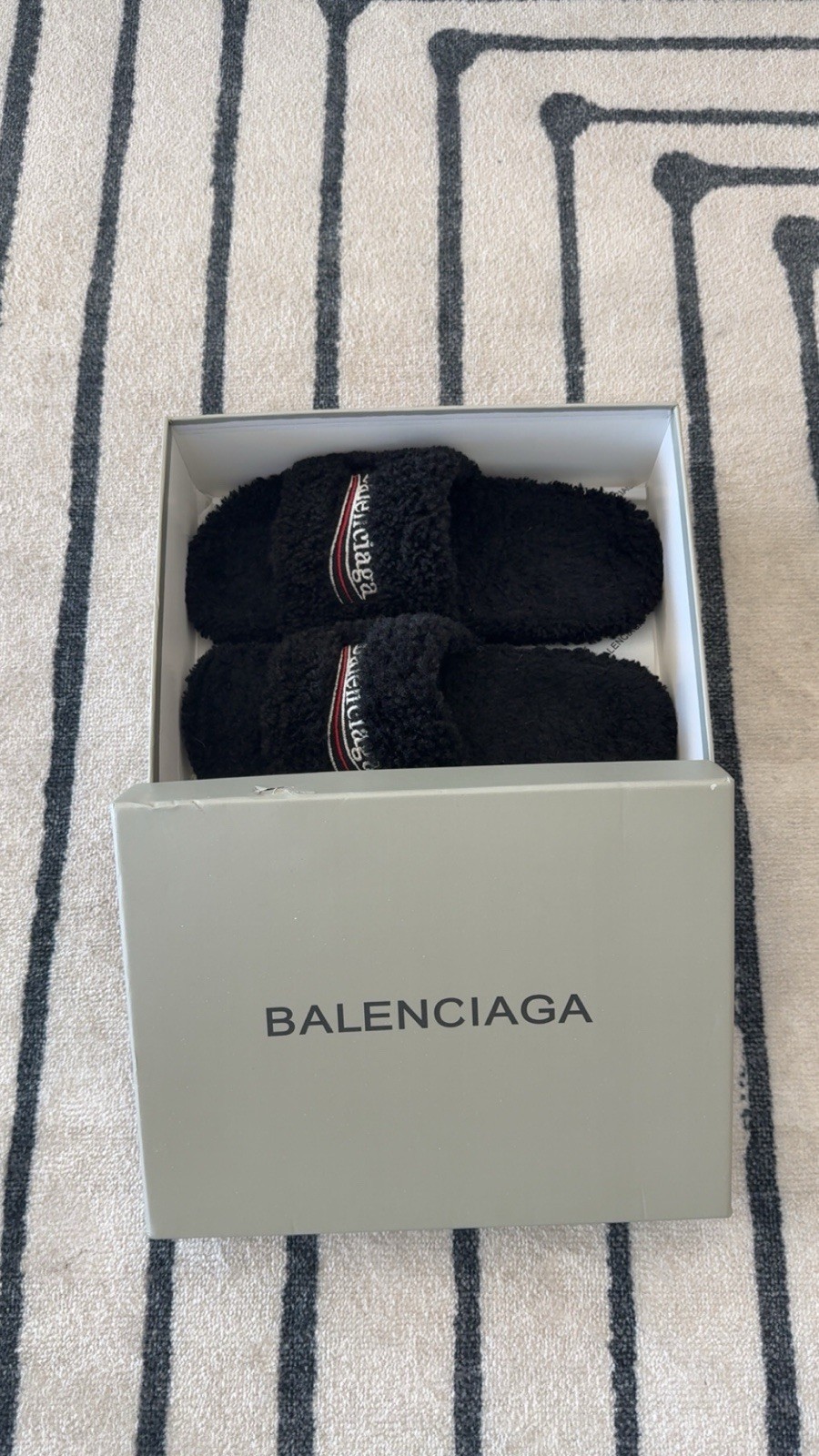 Balenciaga Men's Black Fur Slip-On Slippers Comfort Casual Winter Flat