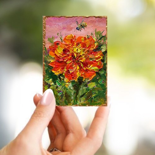 ACEO Original Marigold Oil Painting Flowers Canvas 3.5x2.5in Collectible Art
