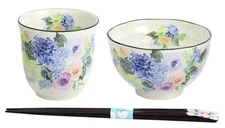 Japanese Mino Ware Bowl Cup Chopsticks Set 'Floral Melody Blue' [Holiday Gift]