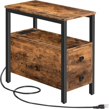 End Table with Charging Station, Narrow Side Table with 2 Drawer & USB Ports & P