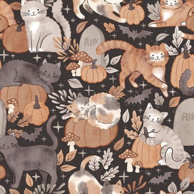 Feline Drive Fabric PUMPKINS & PAWS Autumn Cats Black - Sold by the Yard