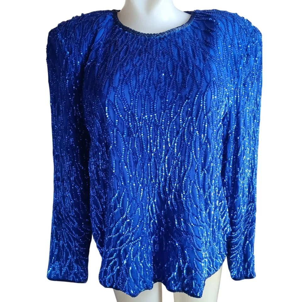 Blusa Vintage XL Lentejuelas NUEVA NUEVA CON ETIQUETAS Cuentas Acolchada Laurence Kazar Seda Años 90 Foto 2 de 4