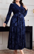 Shein Curve Womens Blue Velvet Floral Long Sleeve Dress 7XL Jacquard Romantic