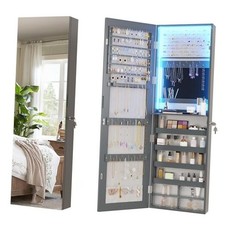 47.2" LED Jewelry Mirror Cabinet, Wall/Door Mounted Jewelry Armoire Grey
